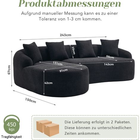 Canapé modulable incurvé – méridienne gauche + canapé d'angle 2 places, revêtement chenille, livré monté, confortable et élégant pour salon, appartement et bureau – Noir (1/5)