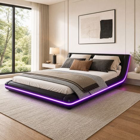 Letto matrimoniale per adulti 160x200 cm in PU nero con LED, senza materasso FloraGrace (1/5)