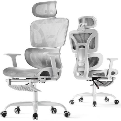 EcoFurnix Chaise de Bureau Ergonomique et Haut avec Repose-Pieds, Tissu en Maille, Accoudoirs 3D, Support Lombaire - Gris (1/5)