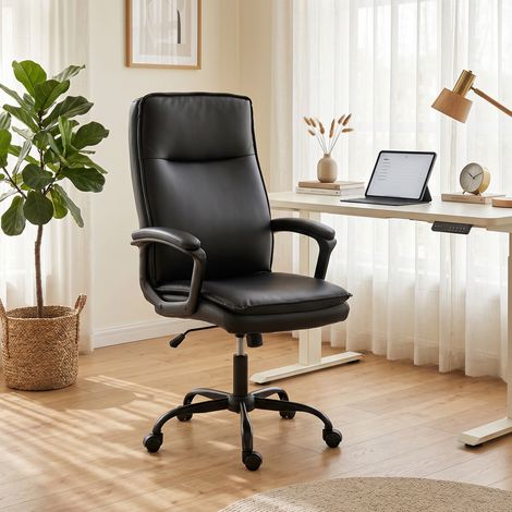 Chaise de bureau ergonomique, chaise de bureau en cuir PU, réglable en hauteur, fonction d'inclinaison, pivotante à 360°, noire. (1/5)