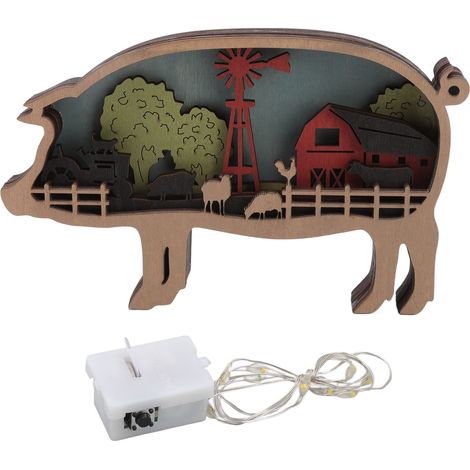 Décoration murale en bois sculpté d'animaux - Découpes artisanales multicouches avec cochon lumineux à piles (1/5)