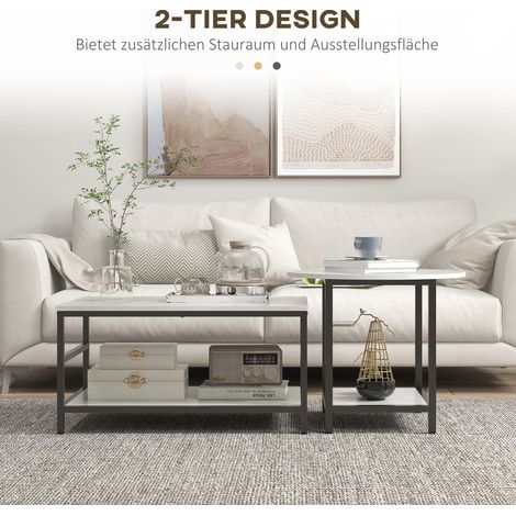 Lot de 2 tables d'appoint, aspect marbre, pieds réglables, acier, noir/blanc (1/5)