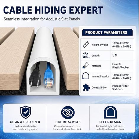 Flexible Cable Cover for Acoustic Panels, Cable Trunking, White, 3 m (1/4)