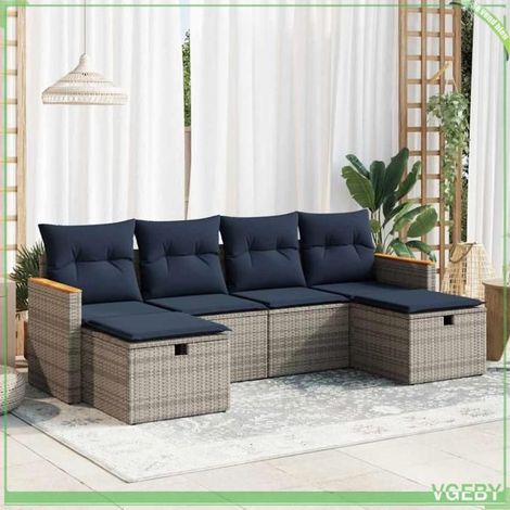 Salon de jardin 6 pcs - 3325946 - Résine tressée gris - Coussins bleu marine déhoussables - Rangement sous assise (1/5)