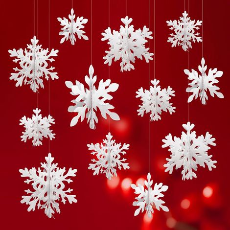 Décoration de Noël 12 pièces, flocons de neige blancs, pendentif pour sapin de Noël, flocons de neige 3D, décoration à suspendre pour fenêtre de maiso (1/5)