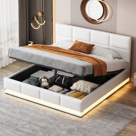 Lit rembourré 160 x 200 cm avec LED, coffre hydraulique, sommier métallique, tête de lit réglable et design en cuir régénéré blanc  CHICFURN (1/5)