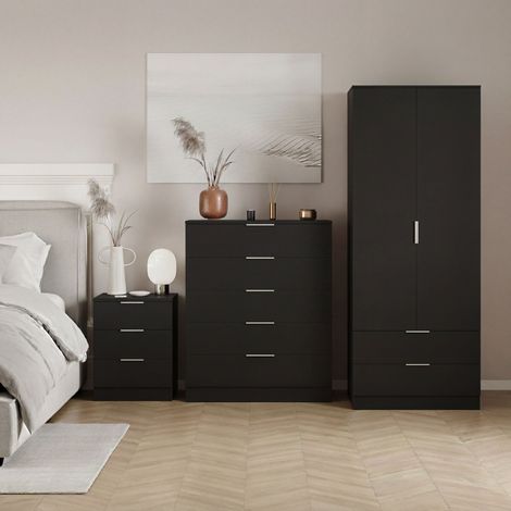 Trega Bedroom Furniture Set 3pc – 3 Drawer Bedside, 5 Drawer Chest & 2 Door Wardrobe, Black