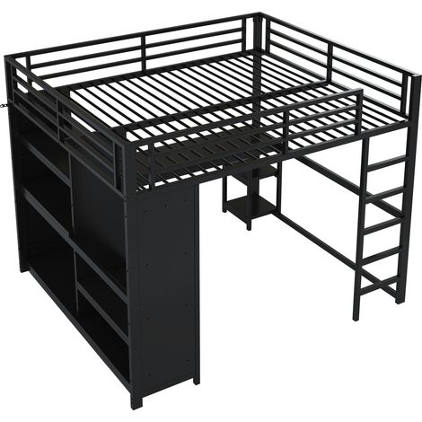 Lit mezzanine gaming en métal 160x200 avec LED, bureau, armoire ouverte et étagères, noir (1/5)