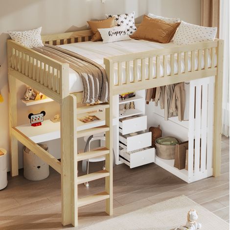 Bett Hochbett Stauraum 140x200 Kiefer Schreibtisch OKMYHOME (1/5)