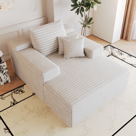 Fauteuil méridienne 1 place 115x159x60 cm, assise extra profonde, sans armature, sans montage, mousse compressée, velours côtelé, blanc (1/5)