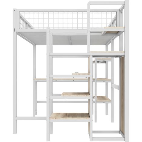 Letto a soppalco 140 x 200 cm in metallo e MDF con scrivania, scaffali e armadio bianco (1/5)