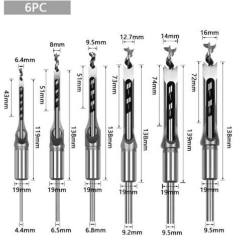 NALOOKAMIC Lot de 6 Forets à bois trou carré Bédanes Creux en Acier Outils Set pour travail du bois Foret a trou carre Foret Trou de Perçage Mortaiser Burin 6,4/8/9,5/12,7/14/16mm Mèches Trou Carré