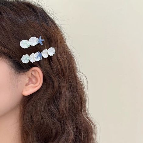 Lot de 2 pinces à cheveux en forme d'étoile de mer et de perle - Pince à cheveux coréenne pour frange - Accessoire de coiffure d'été (1/4)