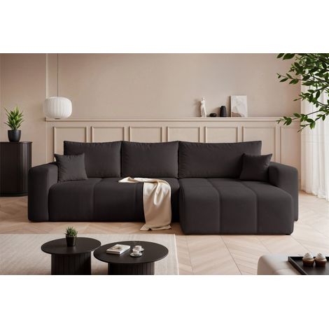 Ecksofa Schlafsofa Sofa LEROS XL in Stoff Manila Schwarz Ottomane Rechts