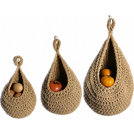 1 Lot 3 Pcs Panier Suspendu Corde Coton Kaki Rangement Fruits Bohème Cuisine Macramé Mural (1/5)