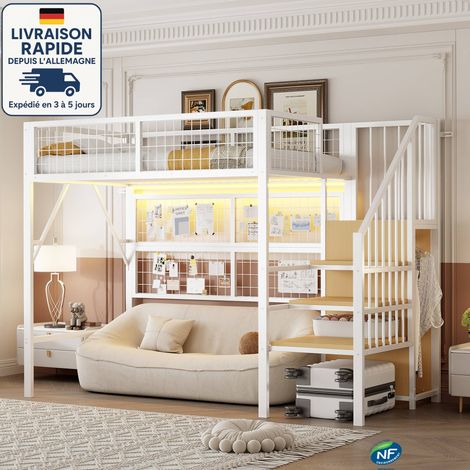 Letto a soppalco 90x200 cm - Letto a soppalco multifunzionale in metallo - Dotato di striscia luminosa a LED controllata tramite APP - Scala e armadio aperto con spazio di archiviazione - bianco