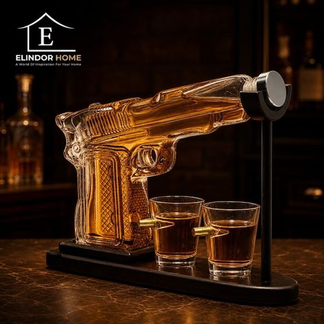 Set di decanter a forma di pistola per whisky, in vetro, con 2 bicchieri da 50 ml, adatto per bevande come whisky, cognac, scotch, bourbon, vino, ideale come regalo, design classico, supporto in legno (1/5)