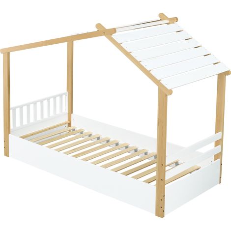 Lits en bois, lit enfant, lit simple, design exquis de maison en bois, sommiers à lattes stables, design simple, pin + panneau de particules + MDF, blanc + naturel, 90x200cm (1/5)