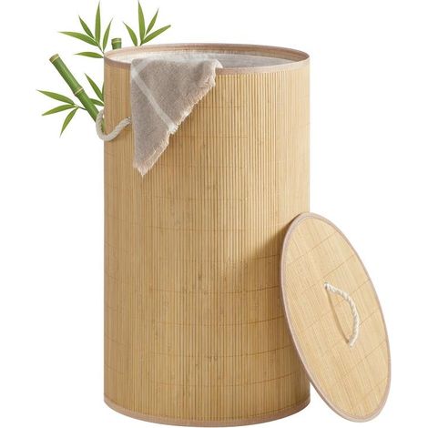 Panier à linge rectangulaire 40 x 70 cm pliable avec couvercle ergonomique finition naturelle en bambou
