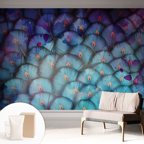 Papier peint intissé à motifs décoratifs pour salon chambre et bureau Décoration murale élégante avec colle Plumes colorées 312x219 cm (1/5)