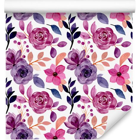 Papier peint fleuri blanc et violet pour salon et chambre 50x1000 cm (1/5)