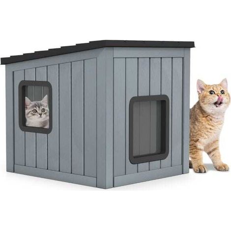 2 portes PVC, niche pour chat en plastique, abri intérieur extérieur, toit incliné, résistante à l'eau (1/5)