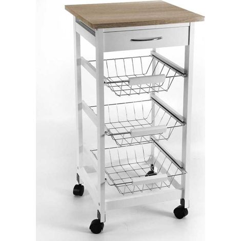 CARRELLO PORTA FRUTTA IN LEGNO 37 X 37 X 76 CM BIANCO E ROVERE SBIANCATO (1/2)
