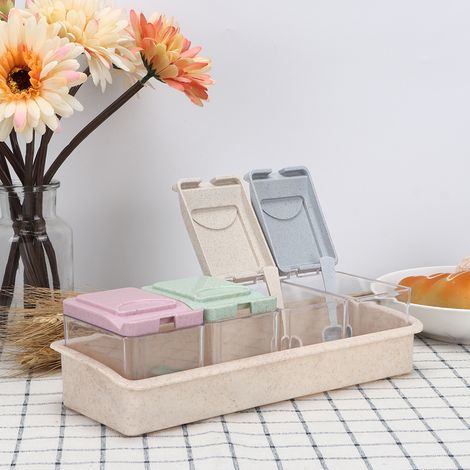 Assaisonnement boîte 4 compartiments avec cuillère, pot à épices sel poivre, récipient cuisine domestique (1/4)