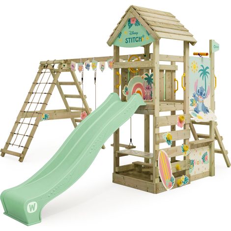Wickey Spielturm Klettergerüst Disney Story mit Schaukel & Rutsche, Kletterturm mit Sandkasten, Leiter & Spiel-Zubehör - Stitch