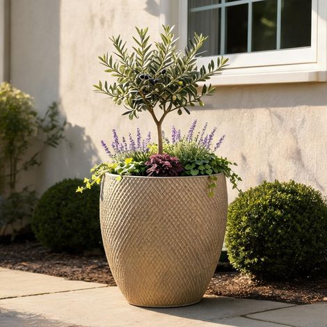 Grand pot de fleurs en céramique Ø46 cm hauteur 53 cm beige (1/5)