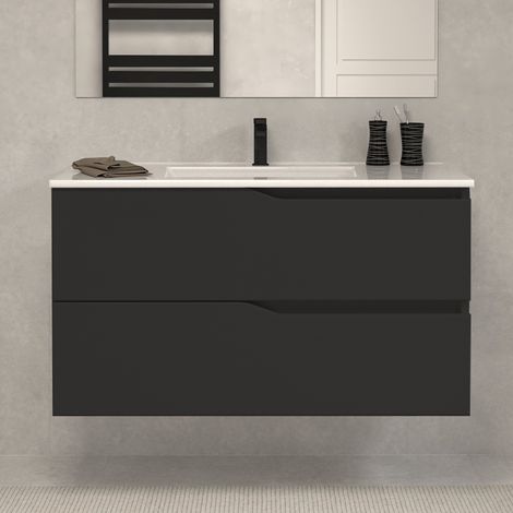 Meuble sous vasque seul, 2 tiroirs, 100cm, pour simple vasque - noir - LUNA