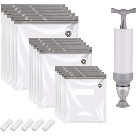 Sac Sous Vide pour Conservation Alimentaire avec Pompe, Sacs en PA+PE (15), Clips Zip (5), Tailles 21x22cm, 26x28cm, 26x34cm, Gris (1/5)