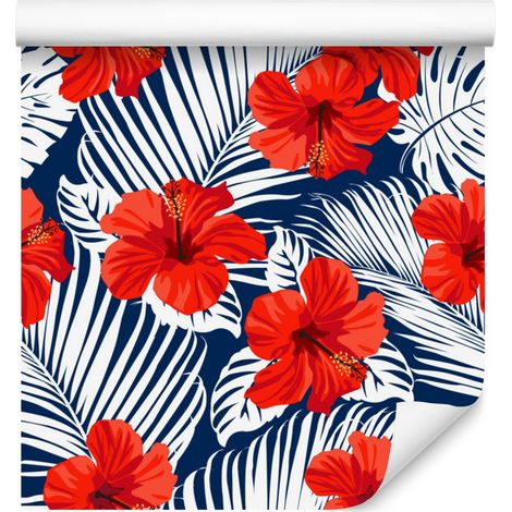 Papel pintado de flores y hojas tropicales para salón y dormitorio, 50x1000 cm. (1/5)