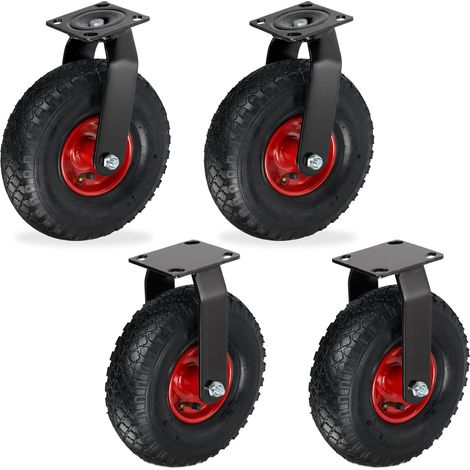 Relaxdays 2x Bockrolle + 2x Lenkrolle Set, luftbereiftes Schwerlastrad, 3.00-4, Transportrollen 120 kg, schwarz/rot