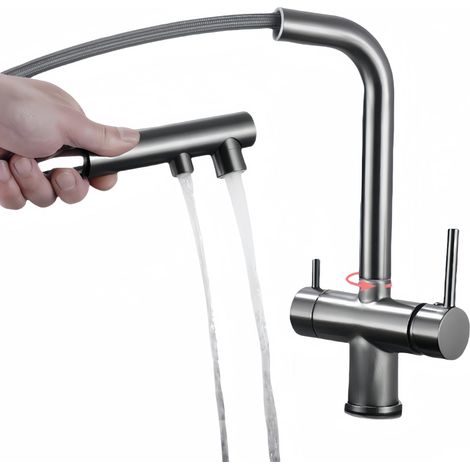 Robinet Cuisine 3 Voies Avec Douchette Extractible, Mitigeur 3 Voies Cuisine Pivotant à 360°, Robinetterie Cuisine Eau Potable, Robinet Évier De Cuisine Avec Sortie Eau Filtrée (gris) (1/5)