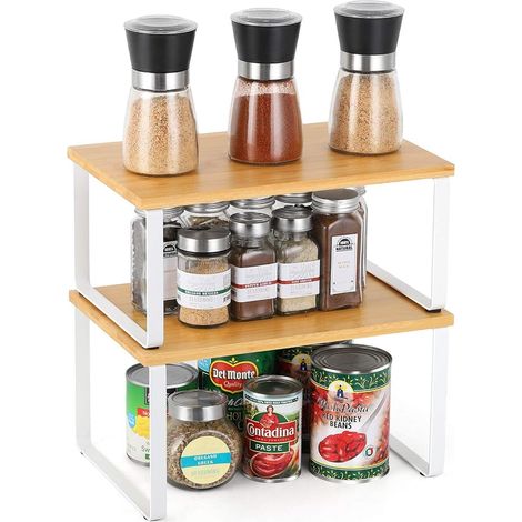 Lot de 2 Étagères à Épices Empilable et Extensible, Étagères de Cuisine en Métal et Bambou, Étagères de Stockage pour Cuisine et Buanderie - Blanc (1/5)