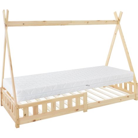 ML-Design Kinderbett Tipi 90x200 cm Natur mit Matratze H:16cm, Rausfallschutz & Lattenrost, Kiefernholz, Indianer Bett für Mädchen & Jungen, Hausbett mit Zaun, Bodenbett Jugendbett Spielbett Holzbett (1/5)