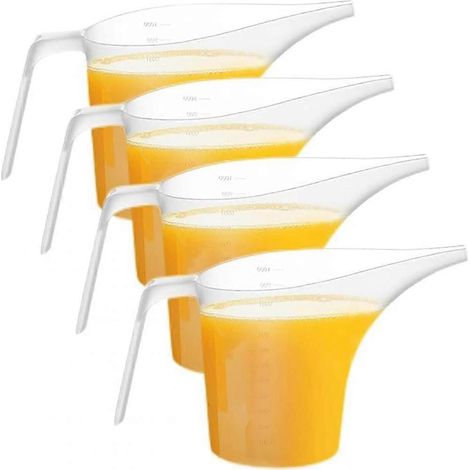 Ensemble de 4 gobelets doseurs en plastique avec entonnoir, à long col, grande capacité et facile à verser, pour la cuisine (pâtisserie, huile, arrosage des fleurs) (1000 ml) (1/5)