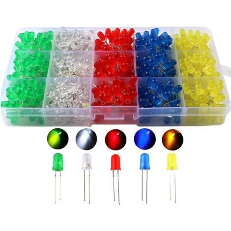 500 pcs x 5mm diode électroluminescente, diffusé 2pin rond couleur blanc/rouge/jaune/vert/bleu Kit boîte (5 couleurs x 100pcs)
