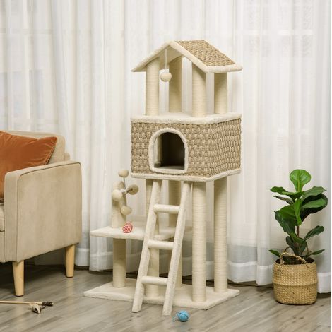Albero tiragraffi per gatti con cuccia, 131 cm, sisal e peluche, beige HAVRYA (1/5)