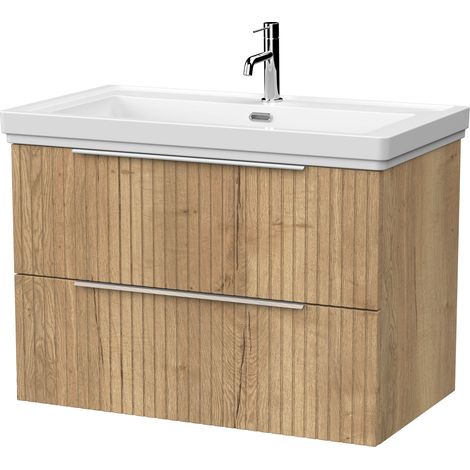 Callingwood Contemporary Wall Hung 2 Drawer Vanity Unit with Traditional 1 Tap Hole Fireclay Basin , 800mm, Autumn Oak