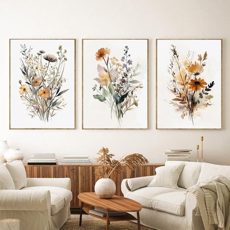 Poster 3er Set Gouache Blumen Wandbilder Wohnzimmer 30x40cm (1/5)