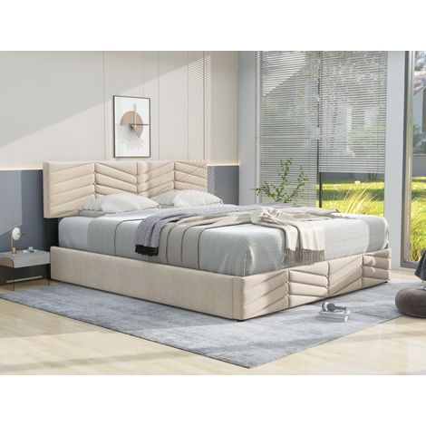 Cama tapizada 140/200 cm beige de terciopelo con cabecero regulable y somier de láminas (1/5)