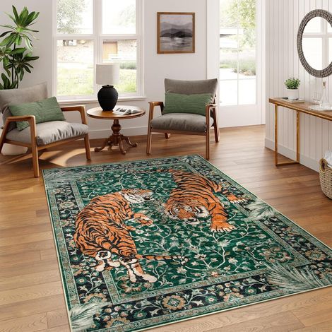 Tapis lavable à imprimé floral de tigre vert, tapis tropical vintage, tapis décoratif pour salon, chambre à coucher, entrée, salle à manger, avec sous-couche à pois antidérapants, 50 x 80 cm (1/5)