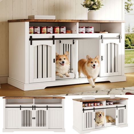 Cage pour chien, armoire-cage d'intérieur pour chien, avec porte coulissante et verrouillage, cloison amovible au milieu, meuble TV, plateau marron vintage, blanc, 153 x 60 x 85 cm (1/5)