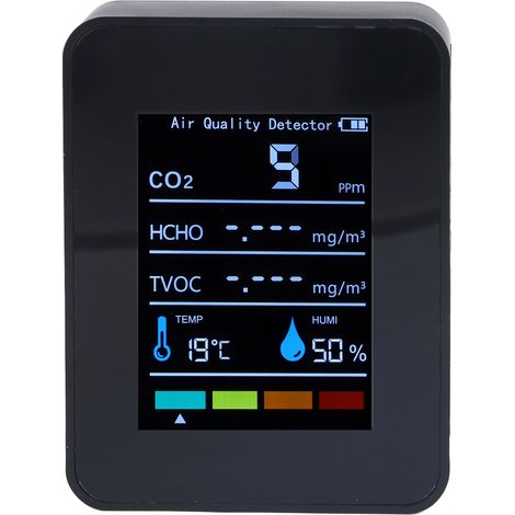 Détecteur de CO2 noir, dioxyde de carbone, écran LCD, TVOC, HCHO, moniteur de température, d'humidité et de qualité de l'air (1/5)