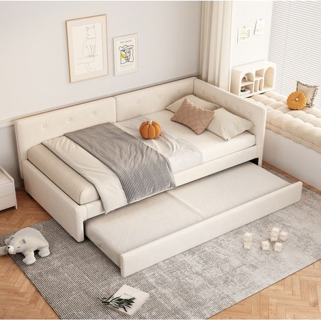 Letto singolo estraibile 90x200 cm beige in velluto e MDF con rete a doghe (1/5)