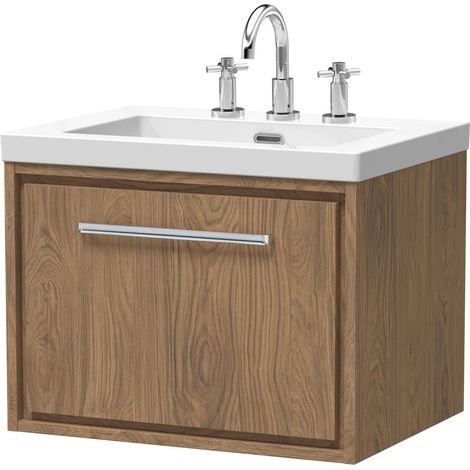 Longnor 1 Drawer Wall Hung Vanity Unit with 3 Tap Hole Modern Fireclay Basin, Antique Oak, 600mm