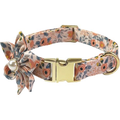 1 collier pour chien, rose, motif floral, ajustable avec cordon, boucle et anneau métalliques, taille M, pour chiens petits à grands (1/5)