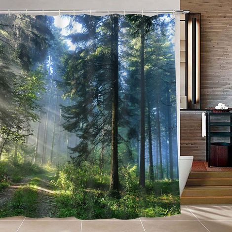 Cortina de ducha para baño, cortina de ducha Bosque Brumoso con 12 ganchos, cortina de ducha Árboles y Sol, cortina de baño de tela duradera e impermeable (1/5)